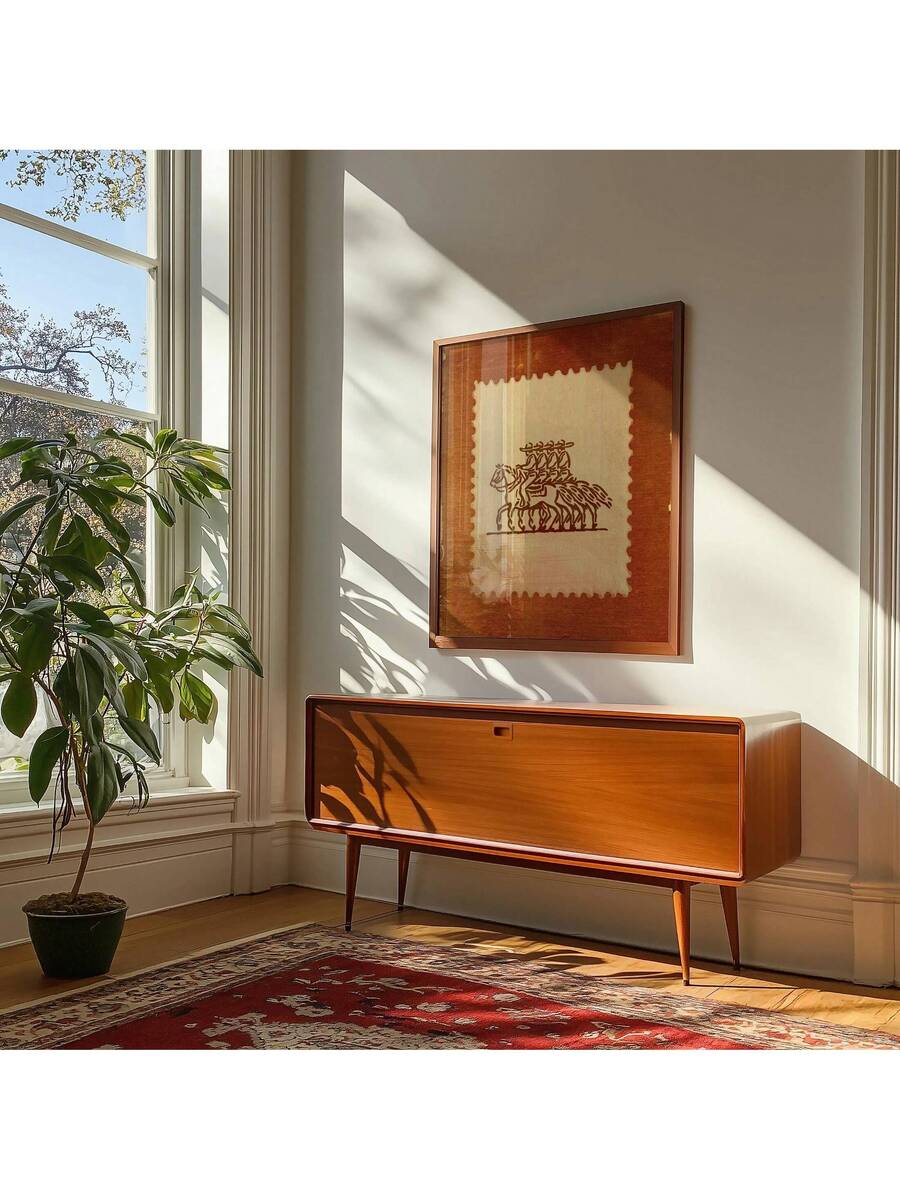 Vintage western rider canvas art in a sunlit living room above a sideboard
