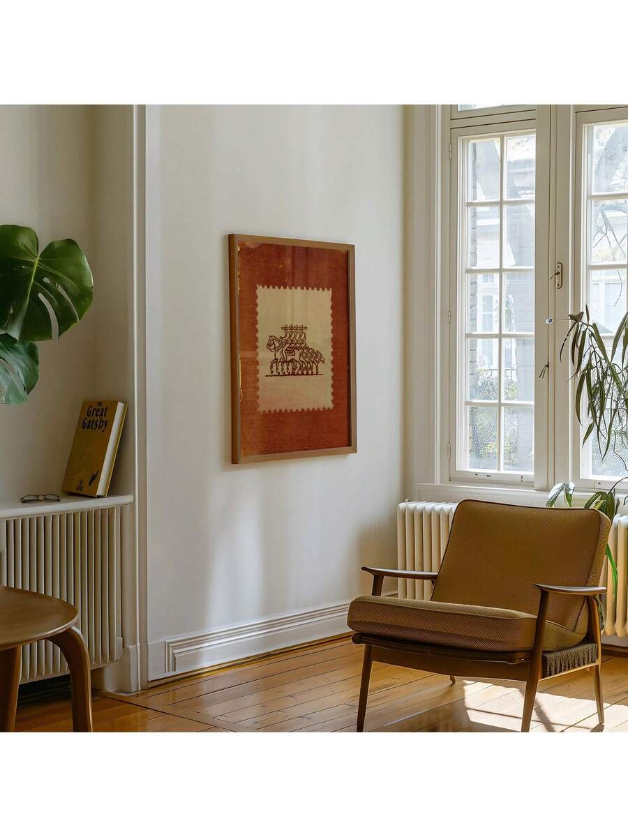 Rustic horse rider poster in a framed reading corner beside a chair and windows