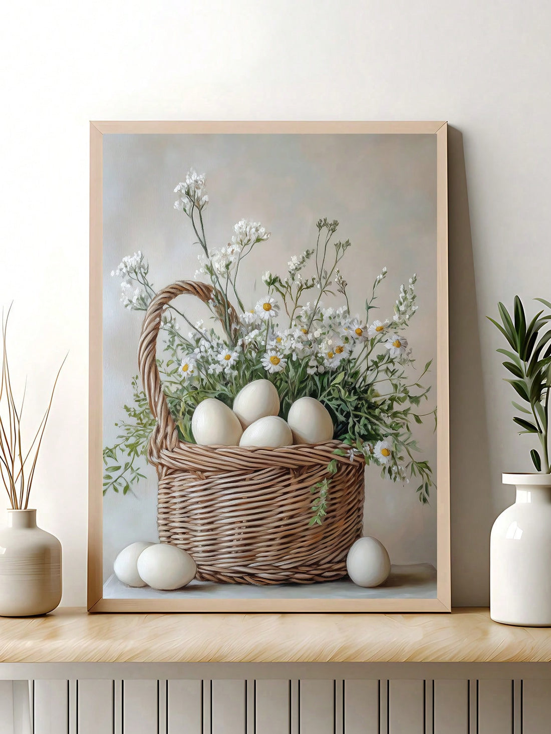 This delightful pastel bunny wall art brings warmth and character to any room with its vintage-inspired aesthetic. Hand-painted in soft, muted tones, the piece captures the gentle charm of traditional Easter imagery while maintaining a timeless quality that complements farmhouse and cottage-style interiors.