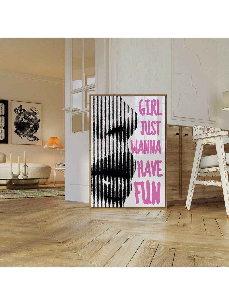 Feminine wall decor with travel posters and red pink accents