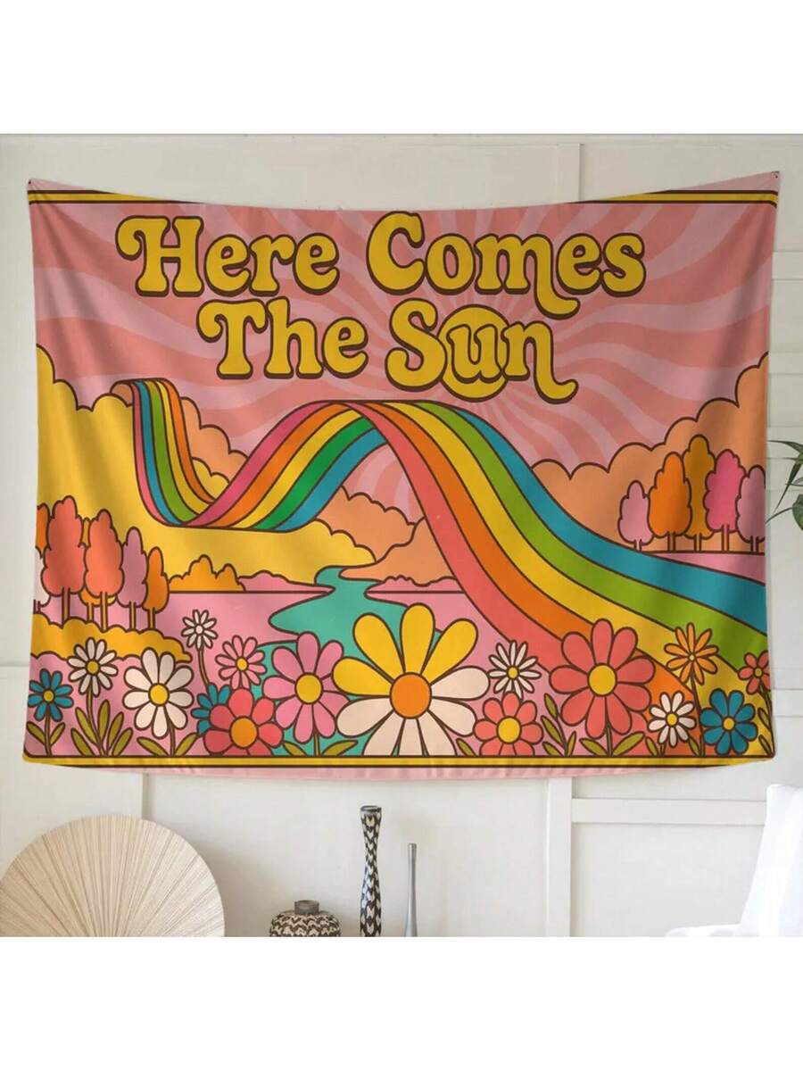 Here Comes The Sun retro rainbow tapestry above sofa in boho living room