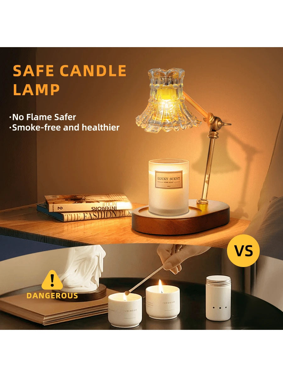 Candle warmer lamp on bedside table shown as safer flameless alternative to burning candle