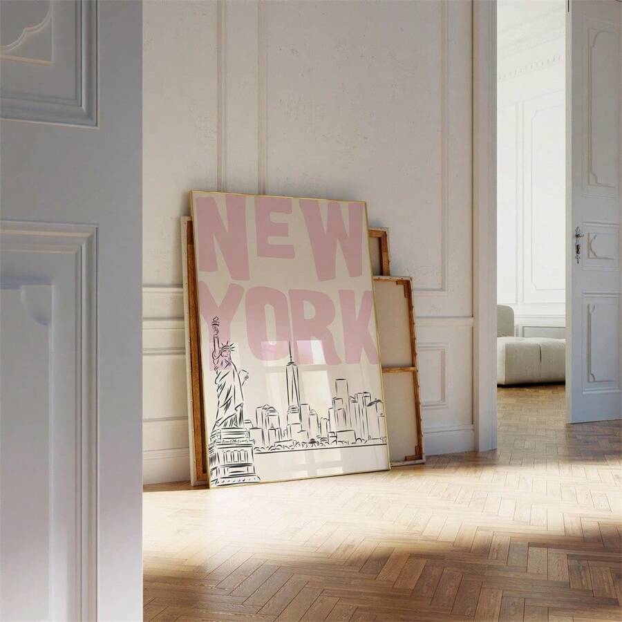 Pink and cream New York skyline artwork against a paneled hallway wall