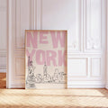 New York travel poster displayed against a white decorative paneled wall