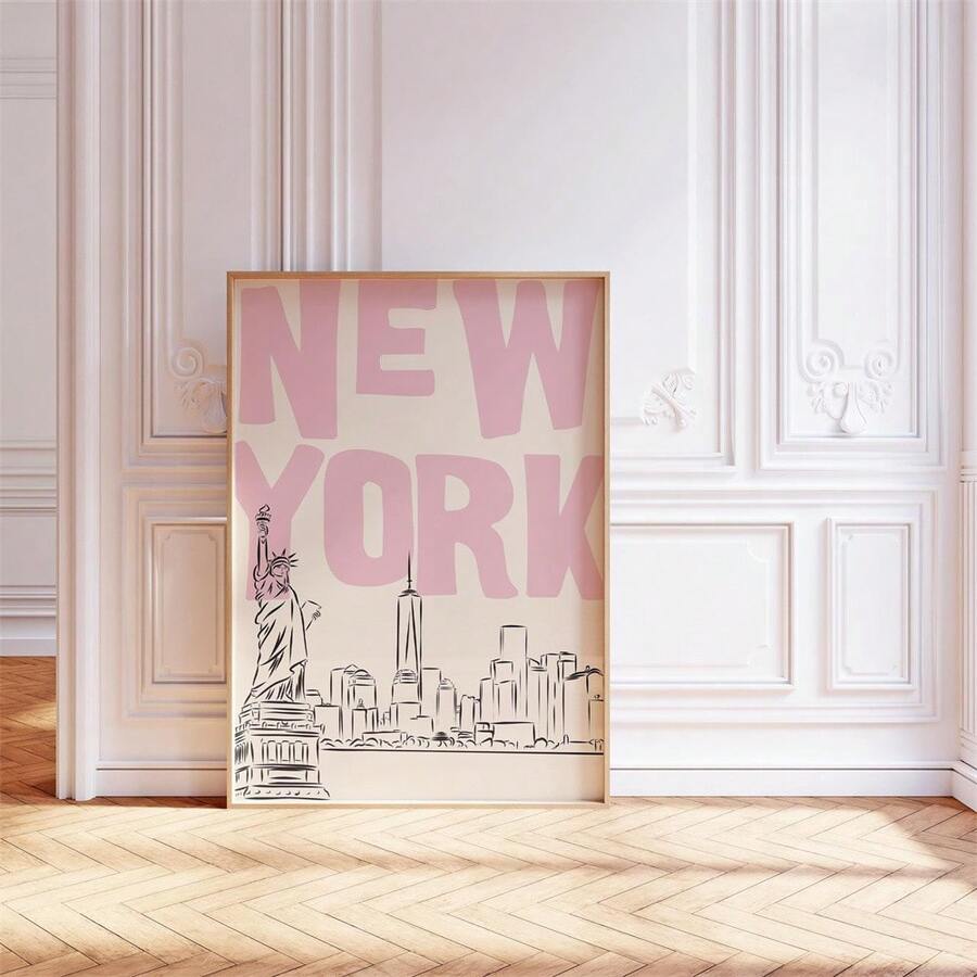 New York travel poster displayed against a white decorative paneled wall