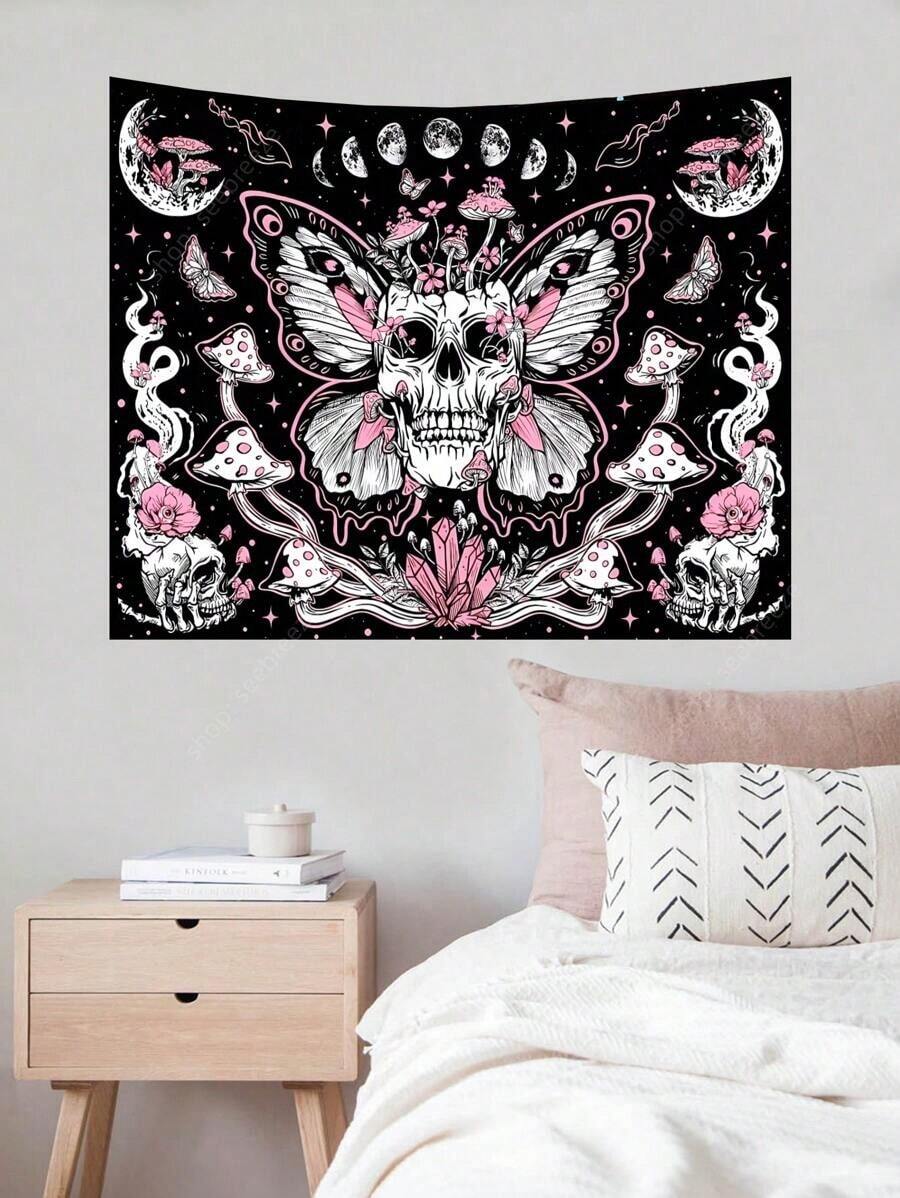 Pink black skull butterfly tapestry with mushrooms and moons