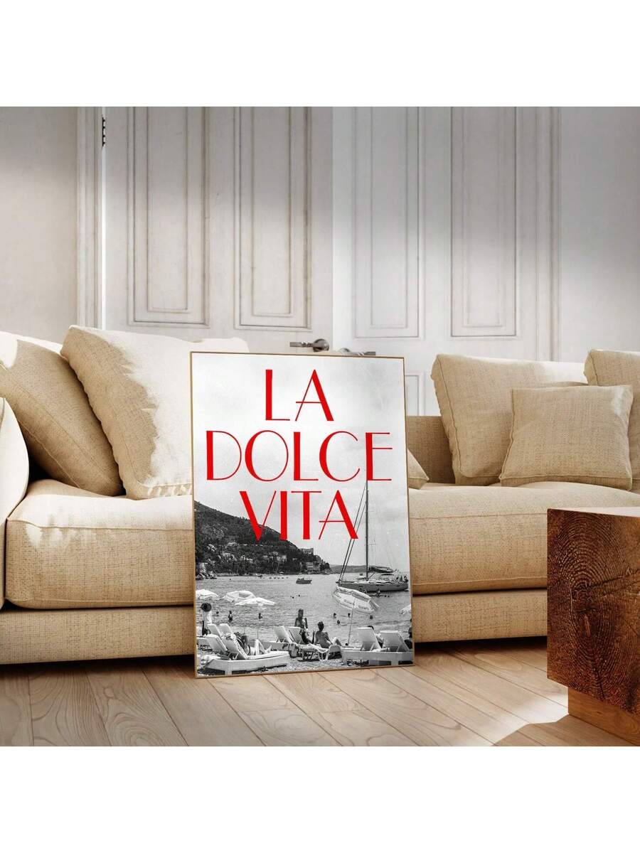La Dolce Vita coastal poster in black white and red typography