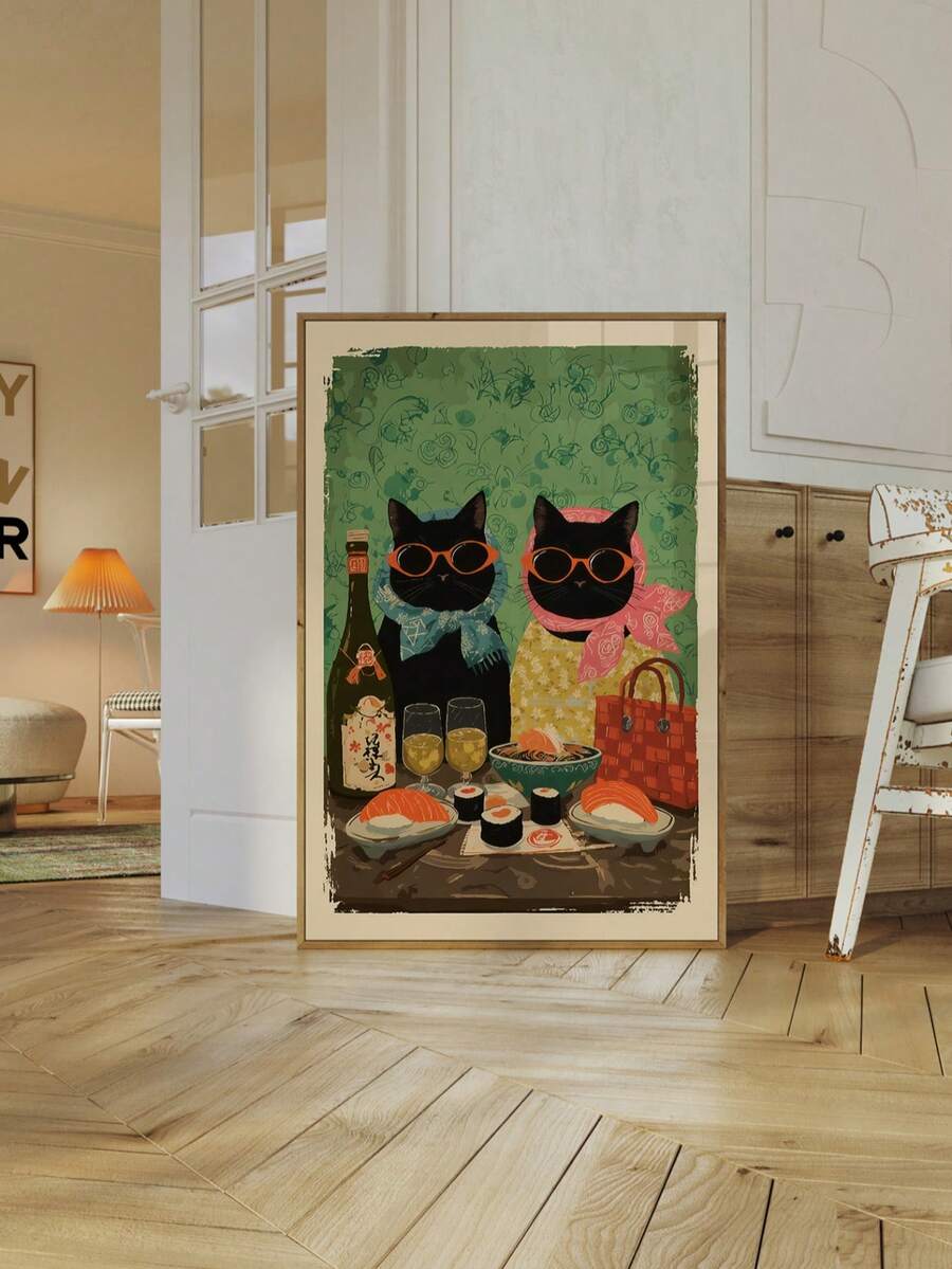 Bring playful charm to your space with this whimsical cat sushi poster. Perfect for cat lovers and Japanese cuisine enthusiasts, this vibrant artwork combines adorable feline characters with sushi-inspired designs