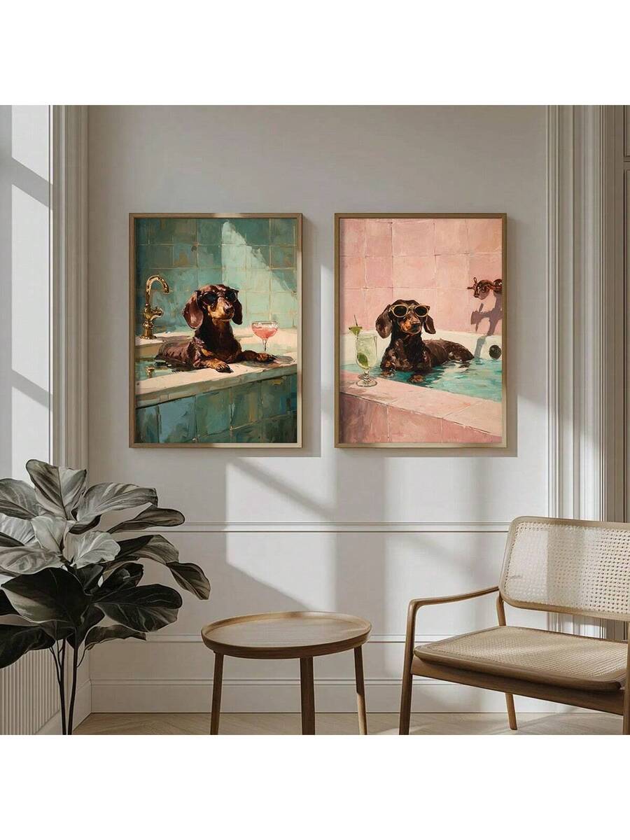 Transform your bathroom into a playful retreat with this charming Dachshund Bath Wall Art Set. Featuring whimsical sausage dog prints in vibrant multicolor hues, this modern canvas collection brings personality and humor to any space. The waterproof canvas material makes it perfect for moisture-prone areas, while the unframed design offers flexible styling options. Whether displayed in your bathroom, dining room, or home office, these fun figure prints add character and warmth to your decor. A delightful ch