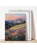 Bohemian Floral Wall Decor Canvas, Wildflower Meadow And Mountains Poster, Farmhouse Decoration canvas