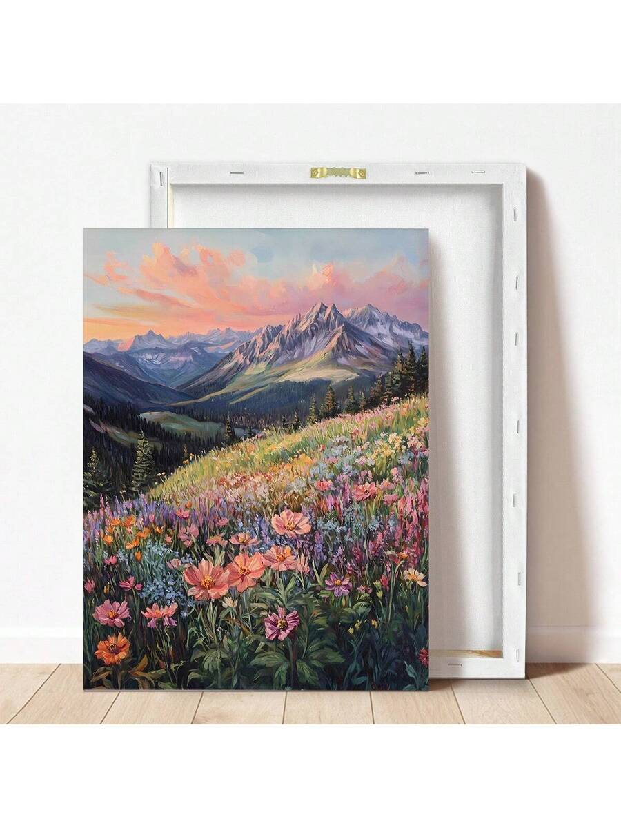 Bohemian Floral Wall Decor Canvas, Wildflower Meadow And Mountains Poster, Farmhouse Decoration canvas