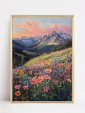 Bohemian Floral Wall Decor Canvas, Wildflower Meadow And Mountains Poster, Farmhouse Decoration