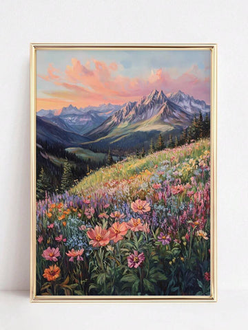 Bohemian Floral Wall Decor Canvas, Wildflower Meadow And Mountains Poster, Farmhouse Decoration