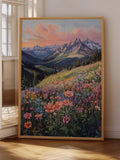 Large portrait alpine meadow landscape by window on wood floor