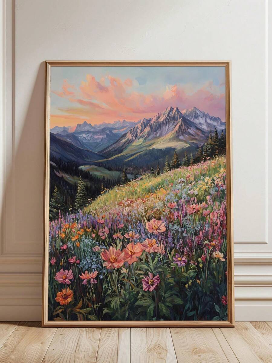 Tall framed wildflower meadow mountain print leaning against paneled wall