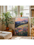 Bohemian Floral Wall Decor Canvas, Wildflower Meadow And Mountains Poster Decor