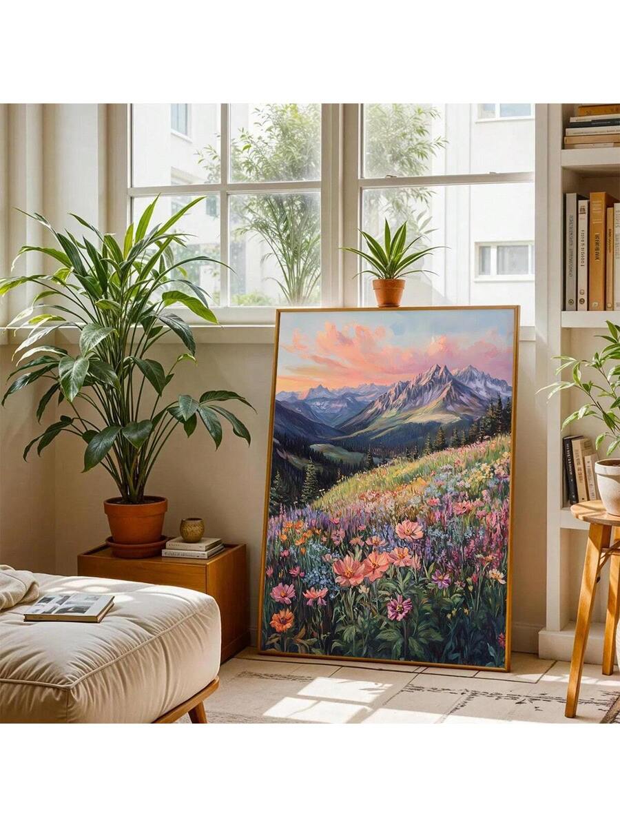 Bohemian Floral Wall Decor Canvas, Wildflower Meadow And Mountains Poster Decor
