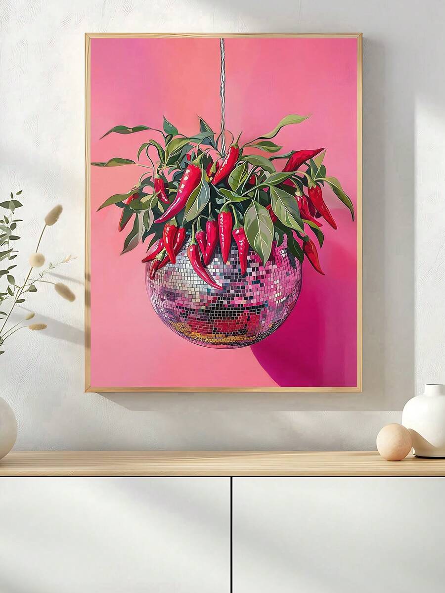Disco ball wall art with chili pepper plant on hot pink pop art background