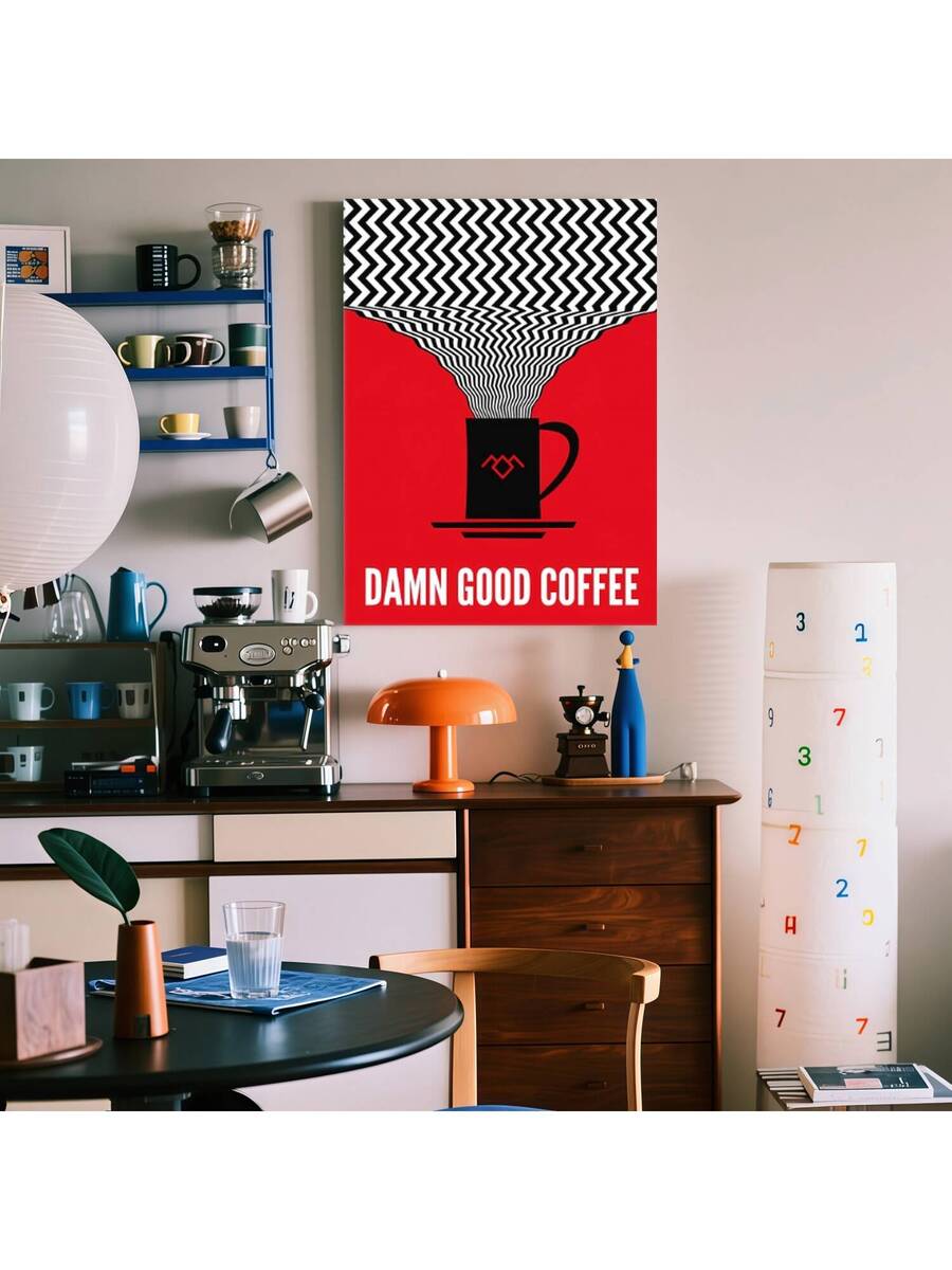 Red Damn Good Coffee wall art with black mug and zigzag steam on paneled wall