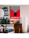 Coffee themed framed canvas print displayed above a home espresso bar shelf