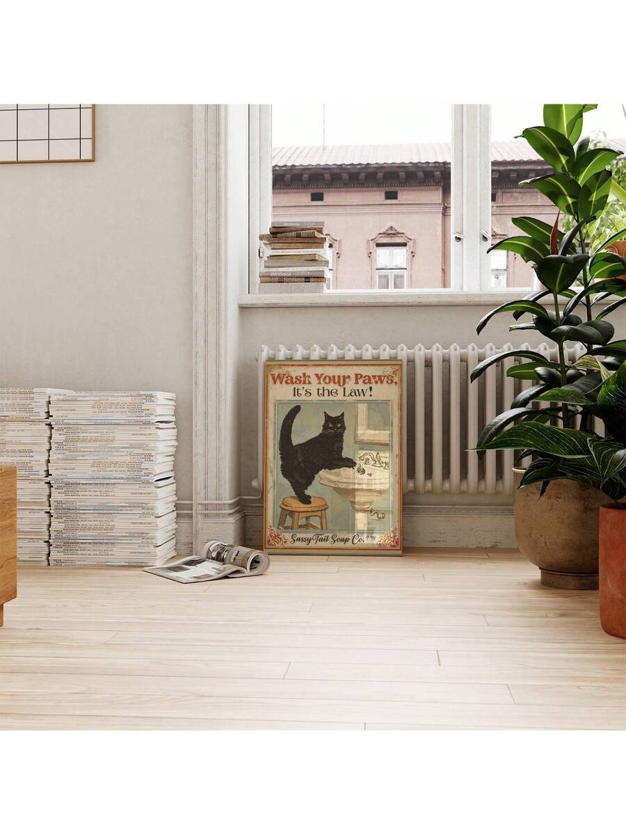 Bring playful charm to your bathroom with this frameless vintage black cat art print. Featuring the whimsical phrase "Wash Your Paws," this piece combines feline humor with timeless style. Perfect for cat lovers and bathroom décor enthusiasts, the multicolor canvas design adds personality to any space. Whether displayed in a bathroom, bedroom, or living room, this charming artwork celebrates your love for cats with a touch of vintage elegance and lighthearted fun.