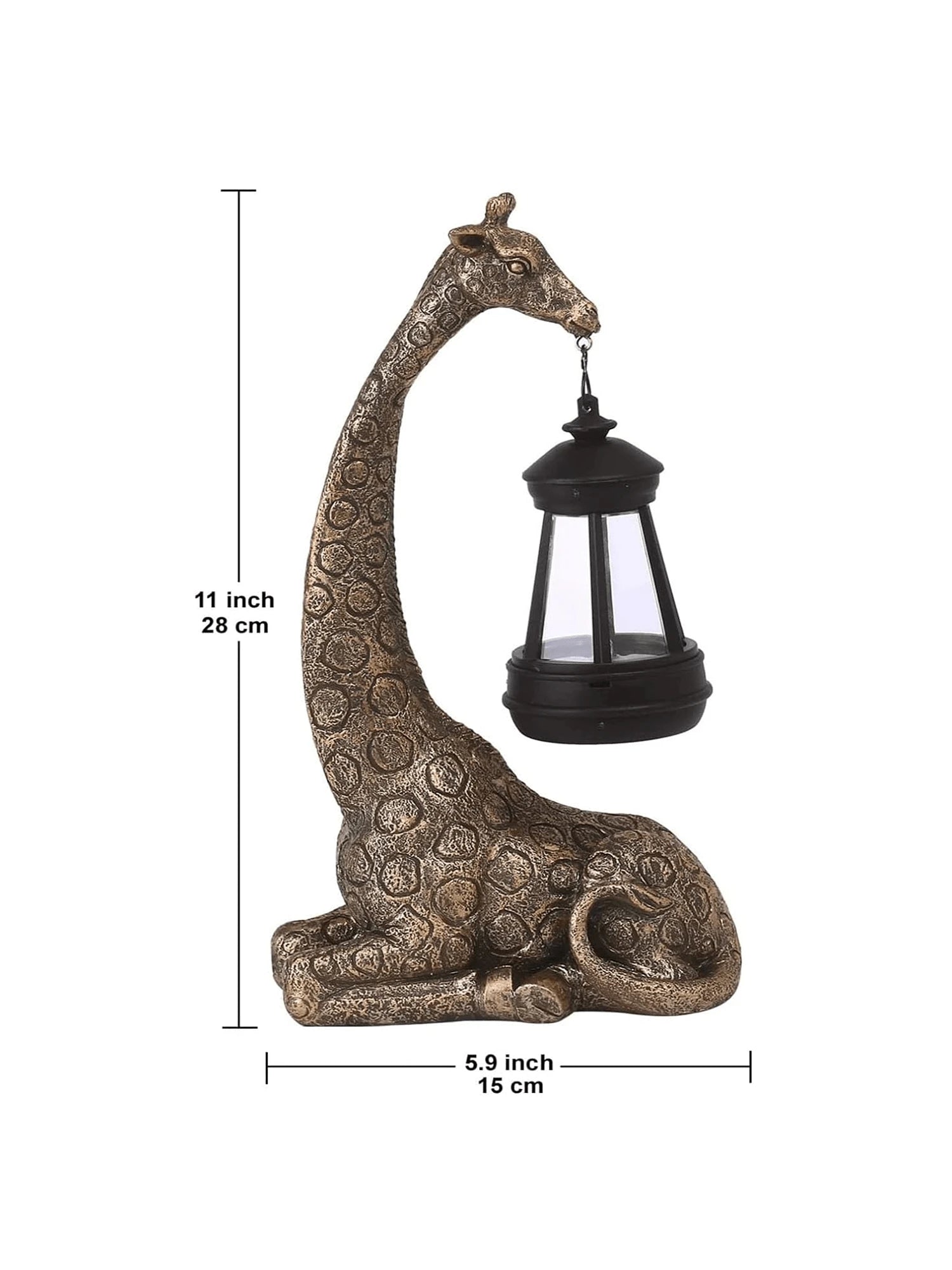 Close view of solar lantern top on animal garden statue with warm LED glow.