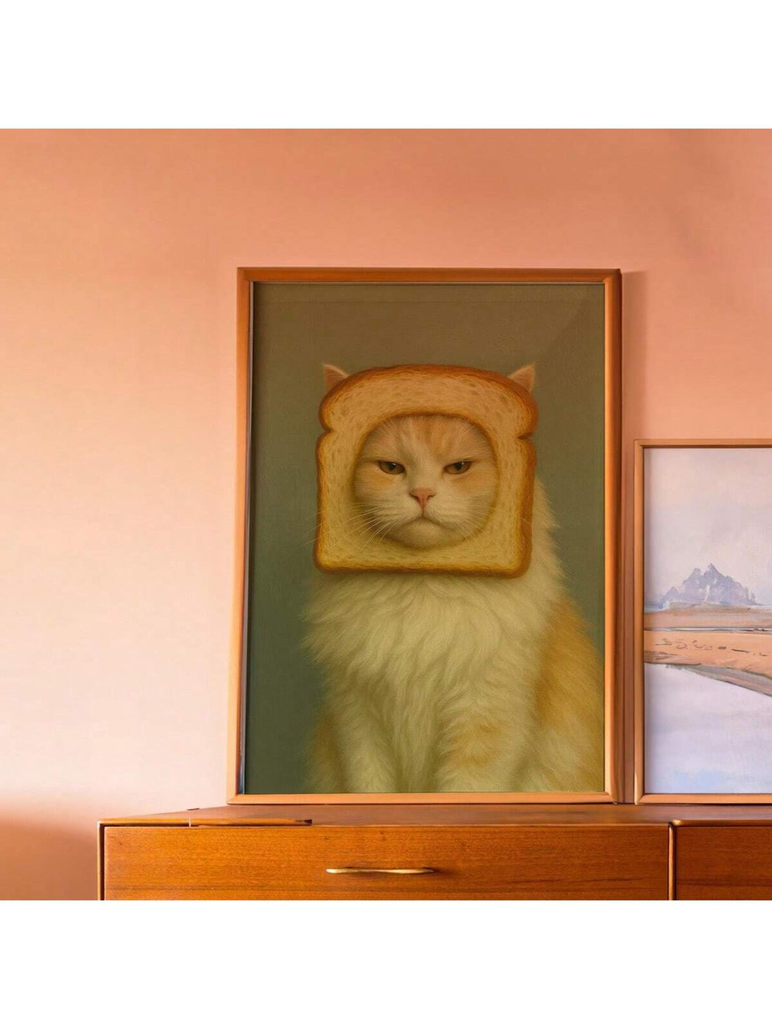 This whimsical cat art print brings playful personality to any room with its quirky design and vibrant aesthetic. Perfect for feline enthusiasts and those seeking distinctive wall decor, the piece combines humor with artistic charm.
