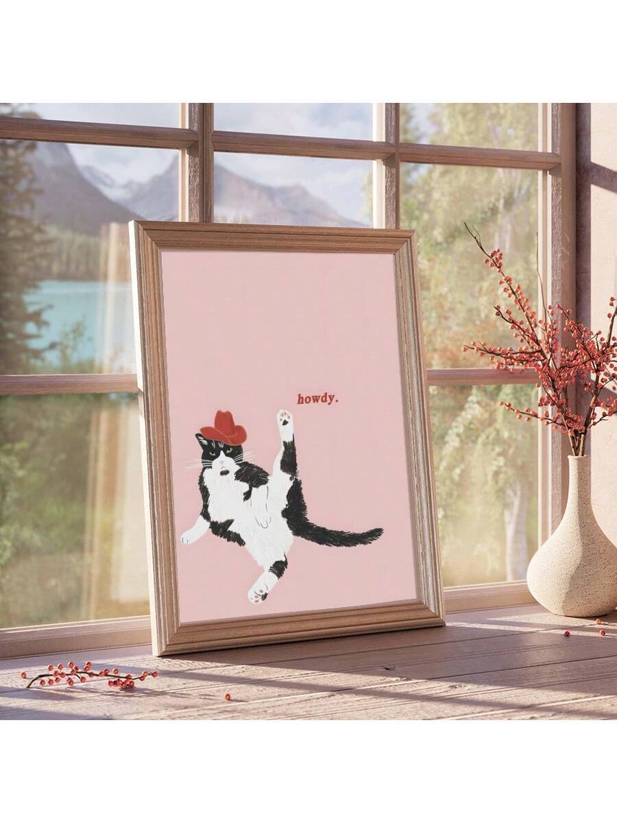 Pink howdy cowboy tuxedo cat poster in sunny room
