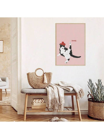 Funny tuxedo cat poster with howdy cowboy hat and pink background