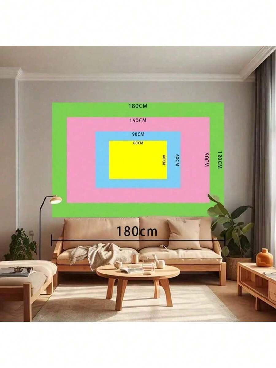 Tapestry size guide showing wall coverage options above sofa in living room
