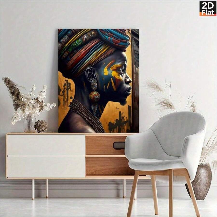 Elevate your space with this striking African portrait canvas print, featuring bold artistic expression that commands attention. The wooden frame adds warmth and sophistication, seamlessly complementing modern, boho, Scandinavian, or traditional interiors.