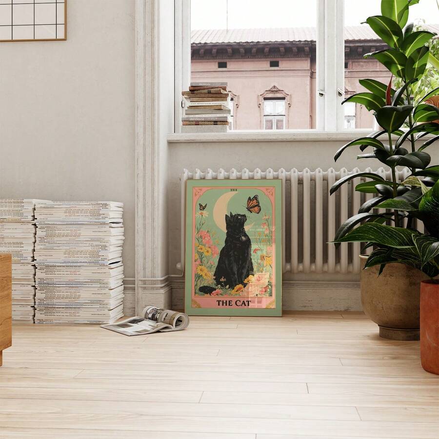 Embrace the mystique with this captivating unframed art print featuring a striking black cat gazing at the moon, adorned with delicate floral details.