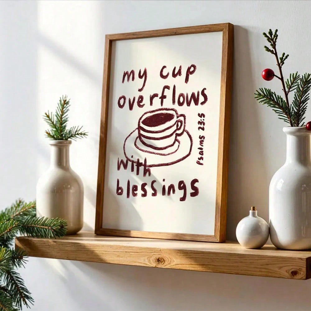 Inspired by Psalm 23:5, this minimalist canvas art transforms a timeless scripture into contemporary home décor. The elegant typography and clean design complement modern interiors while serving as a daily spiritual reminder.