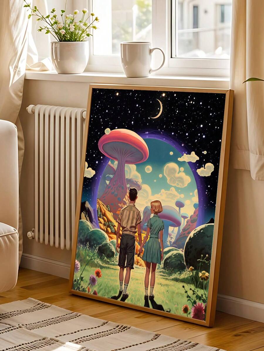 Retro fantasy canvas art with two figures viewing giant mushrooms beneath planets and a crescent moon