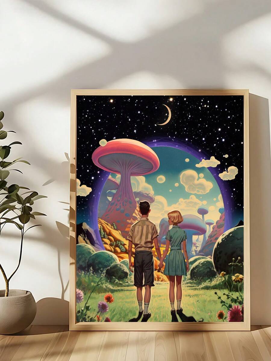 Retro fantasy canvas art with two figures viewing giant mushrooms beneath planets and a crescent moon