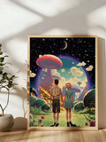 Retro fantasy canvas art with two figures viewing giant mushrooms beneath planets and a crescent moon
