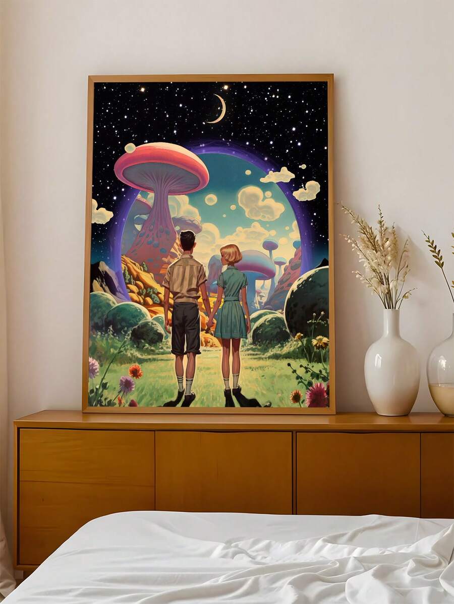 Framed celestial fantasy wall art above a bedside cabinet in a softly styled bedroom