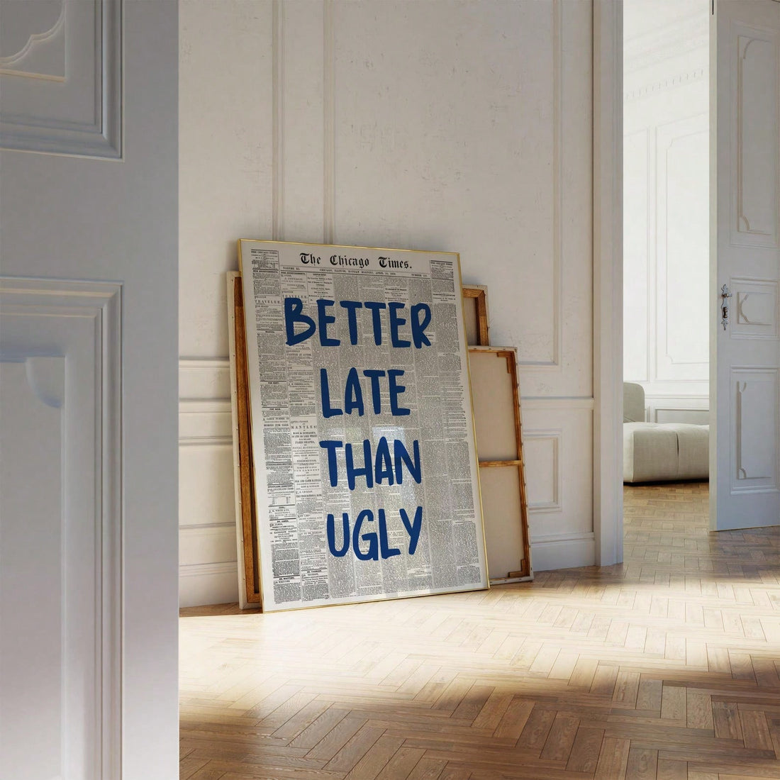 Navy Blue Retro Newspaper Print Wall Decor - "Better Late Than Ugly" Aesthetic Poster for Dorm and Office Rooms Transform your space with this vintage-inspired wall poster featuring classic newspaper typography and witty messaging. 