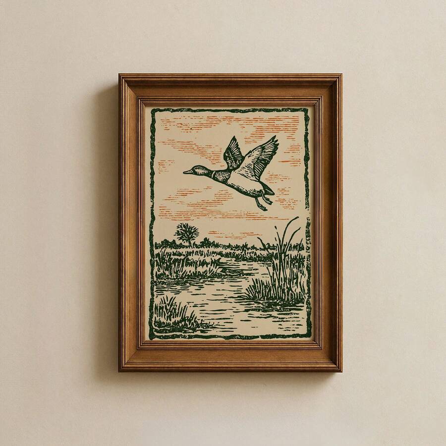 Bring timeless charm to any space with this striking vintage linocut duck wall art. Featuring a rustic flying waterfowl design rendered in rich, earthy tones, this canvas print captures the elegance of traditional printmaking techniques. Perfect for living rooms, bedrooms, offices, or dining areas, it adds character and warmth to your home décor.