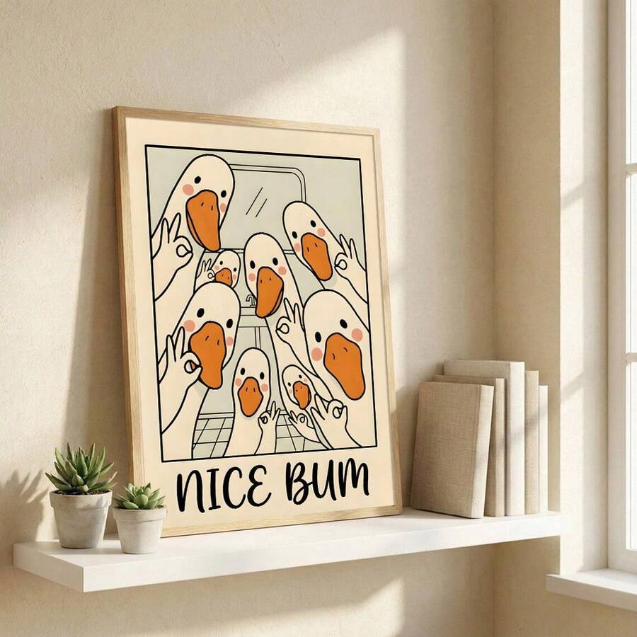 Add a touch of humor to your space with this quirky vintage canvas poster featuring adorable duck and goose characters. The playful "Nice Bum" design brings witty charm to bathrooms, bedrooms, living rooms, or home offices. Printed on quality canvas with vibrant multicolor cartoon artwork, it's the perfect conversation starter for anyone who appreciates quirky, fun decor.