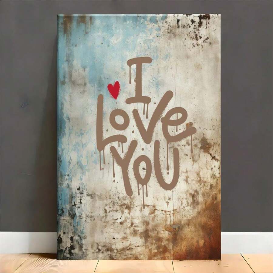 I Love You graffiti canvas with red heart on distressed blue beige rust background leaning on floor