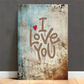 I Love You graffiti canvas with red heart on distressed blue beige rust background leaning on floor