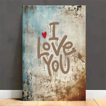 I Love You graffiti canvas with red heart on distressed blue beige rust background leaning on floor