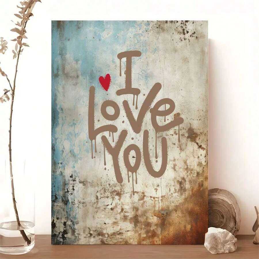 I Love You graffiti canvas with red heart on distressed blue beige rust background leaning on floor