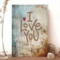 Romantic I Love You canvas print with red heart and grunge abstract texture on tabletop decor
