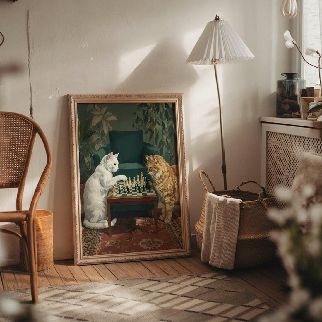 Elevate your space with this whimsical canvas print featuring a vintage-inspired feline strategist.