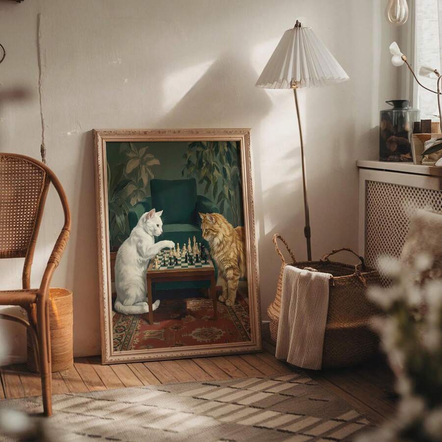 Bring whimsy and charm to any room with this delightful vintage-inspired canvas art featuring a clever cat absorbed in a game of chess. The soft retro palette of green and cream tones creates a warm, nostalgic atmosphere perfect for cat enthusiasts and art lovers alike.