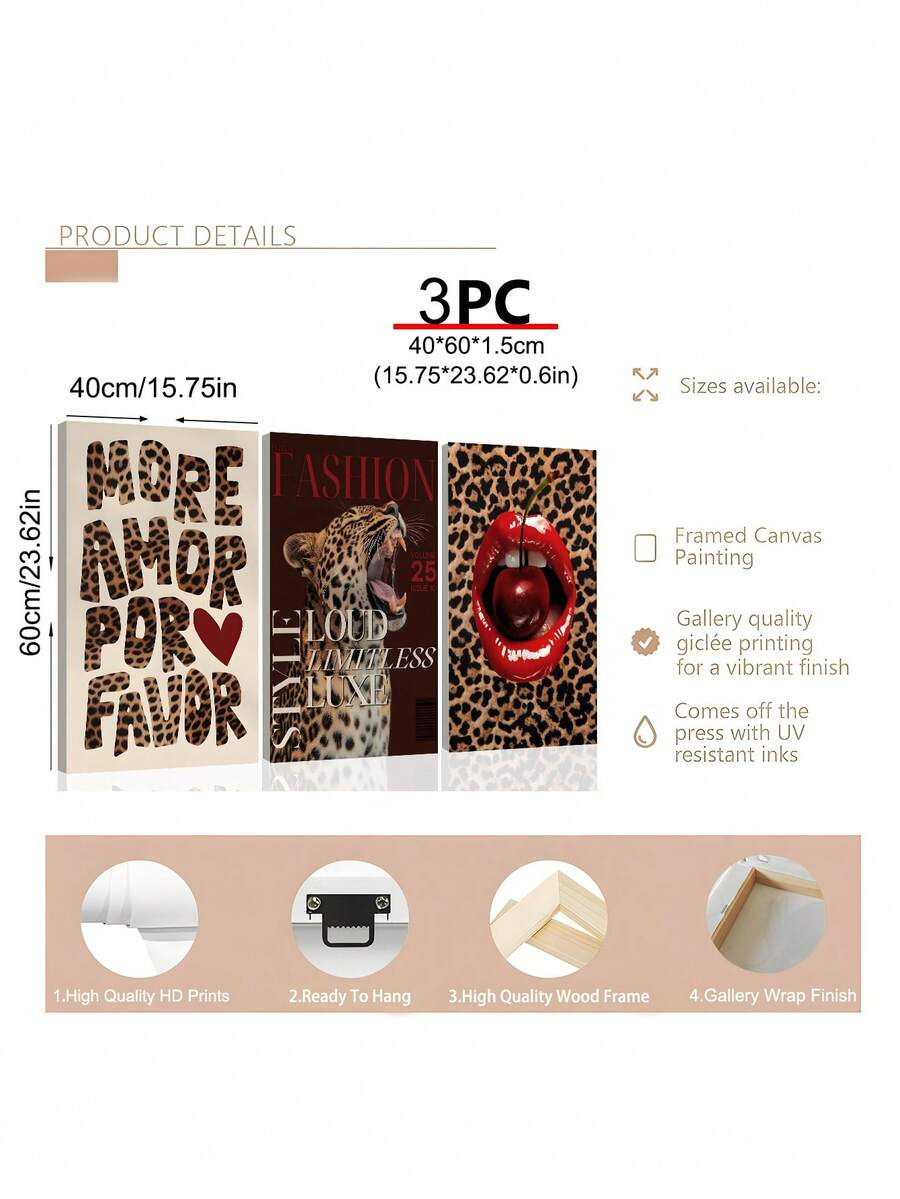 Glam living room art set with leopard print magazine and cherry graphics