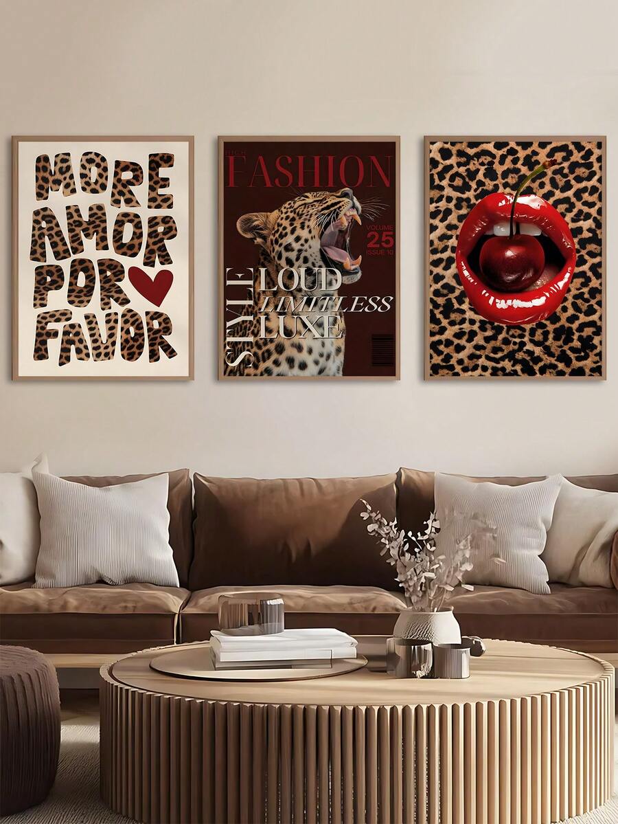 3 piece leopard fashion canvas set with red lips cherry and glam motifs