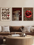 Leopard wall art triptych shown as framed statement decor above sofa